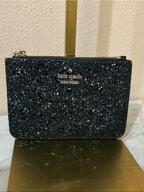 kate spade Black Glitter Zip Pouch with Metallic Logo